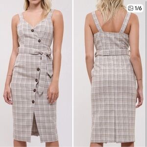 J.O.A. Beige Plaid Midi Dress small asymmetrical buttons